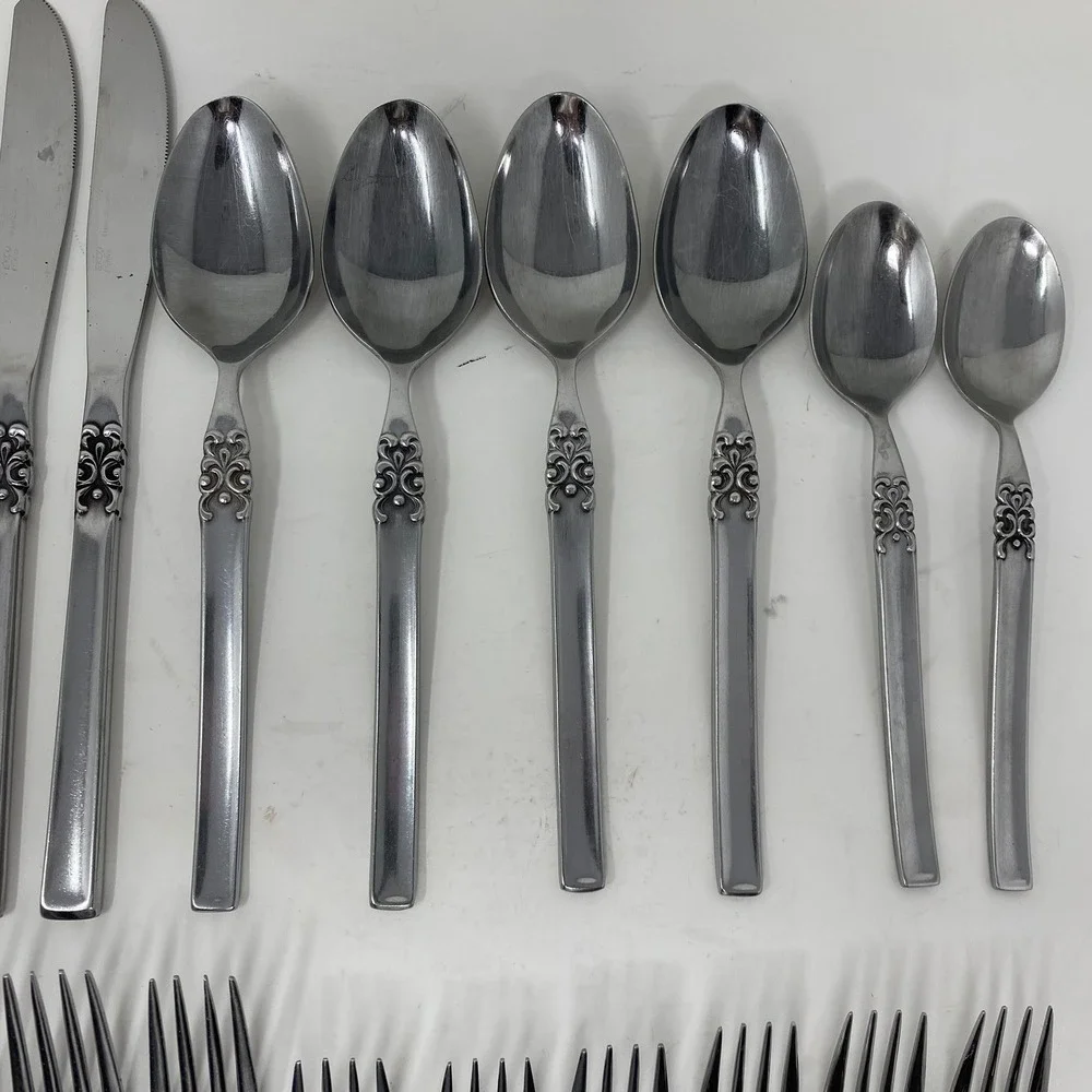 Vtg‎ Ekco Eterna Japan 24 Piece Flatware Set Mid Century Floral Scroll Stainless